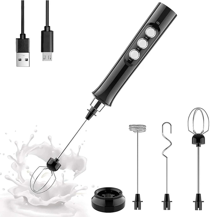 Multi-Functional Electric Milk Foamer 3-in-1 Interchangeable Heads Rechargeable Dual Charging Customizable for Home Barista