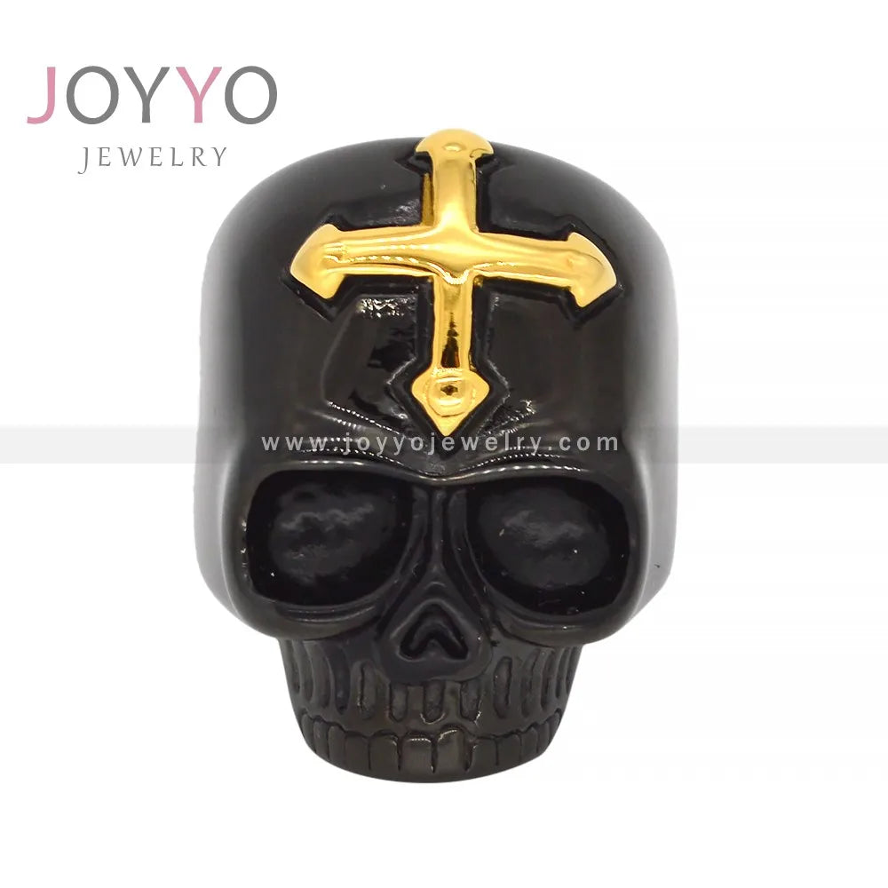 Vintage Men Jewelry Steel Skull Cross Ring Men Christian Jewelry Gold Black Plate Rings Hip Hop Motorcycle Jewelry