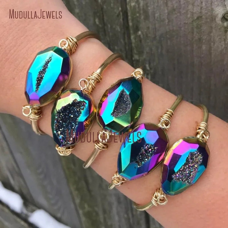 BM27694 Rainbow Druzy Geode Cuff Titanium Druzy Bangle Adjustable Gold Plated Druzy Bracelet Cuff Bohemian Jewelry