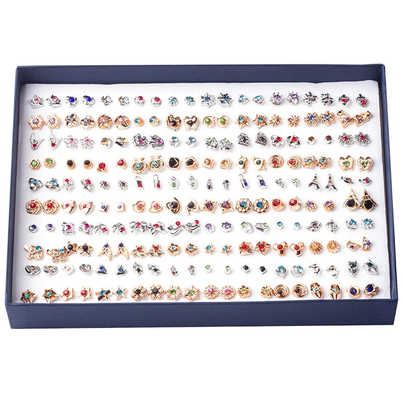 Women's Vintage Geometric Colorful Mini Stud Earrings Set 100 Pairs Mix Styles Gold Plated Alloy Fashionable Mini Studs