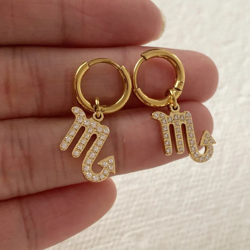 2023 New Product Diamond Star Sign Earring Stainless Steel 18k Gold Plated Hypoallergenic CZ Zodiac Sign Hoop Earrings