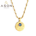 Ason Jewelry New Hot Selling Stainless Steel Water Ripple Chain Necklace Blue Cat Eye Round Pendant Necklace