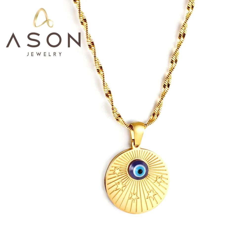 Ason Jewelry New Hot Selling Stainless Steel Water Ripple Chain Necklace Blue Cat Eye Round Pendant Necklace