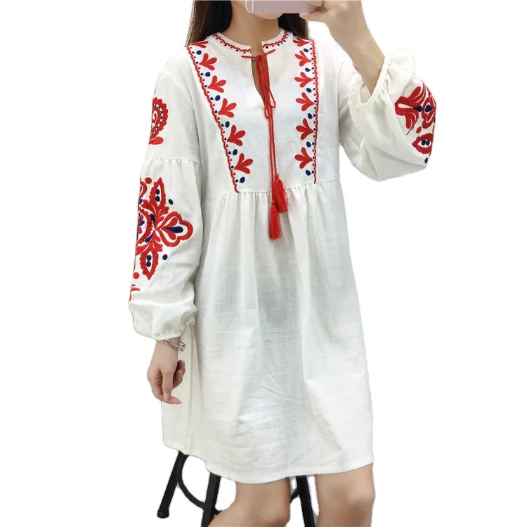 Women Autumn Dresses Bohemian Embroidered Flower O-Neck Lantern Sleeve High Waist Pleated Dress All-match Female Vestidos