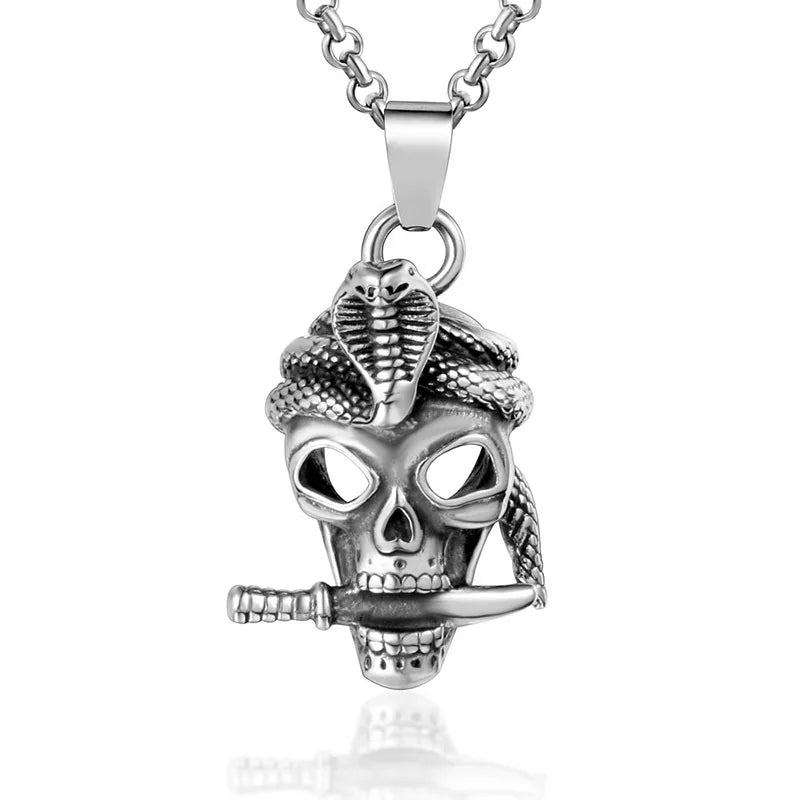 Custom Classic Vintage Men Stainless Steel Necklace Silver Skull Pendant with Snake and Sword Fine Pendants & Charms