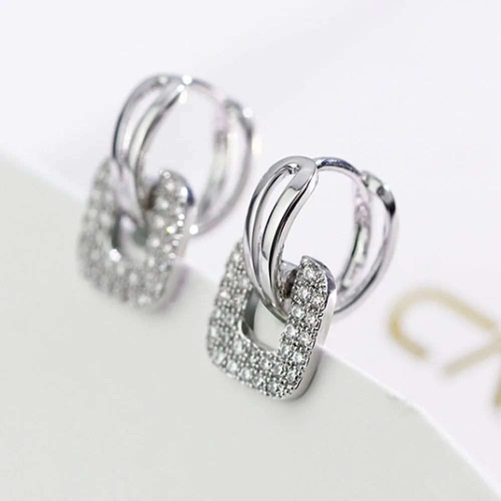 Women's High Fashion Chunky Big Round Rhinestone Beads Paving square Pendant Huggie Dangle Earring Accessories