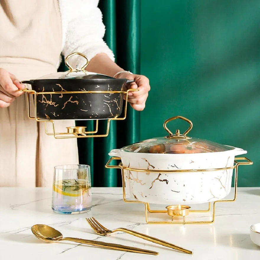 Factory Direct Sale Marble Gold Pattern Nordic Binaural Ceramic Pot Household Soup Pot Bowl Tableware Creative Casserole