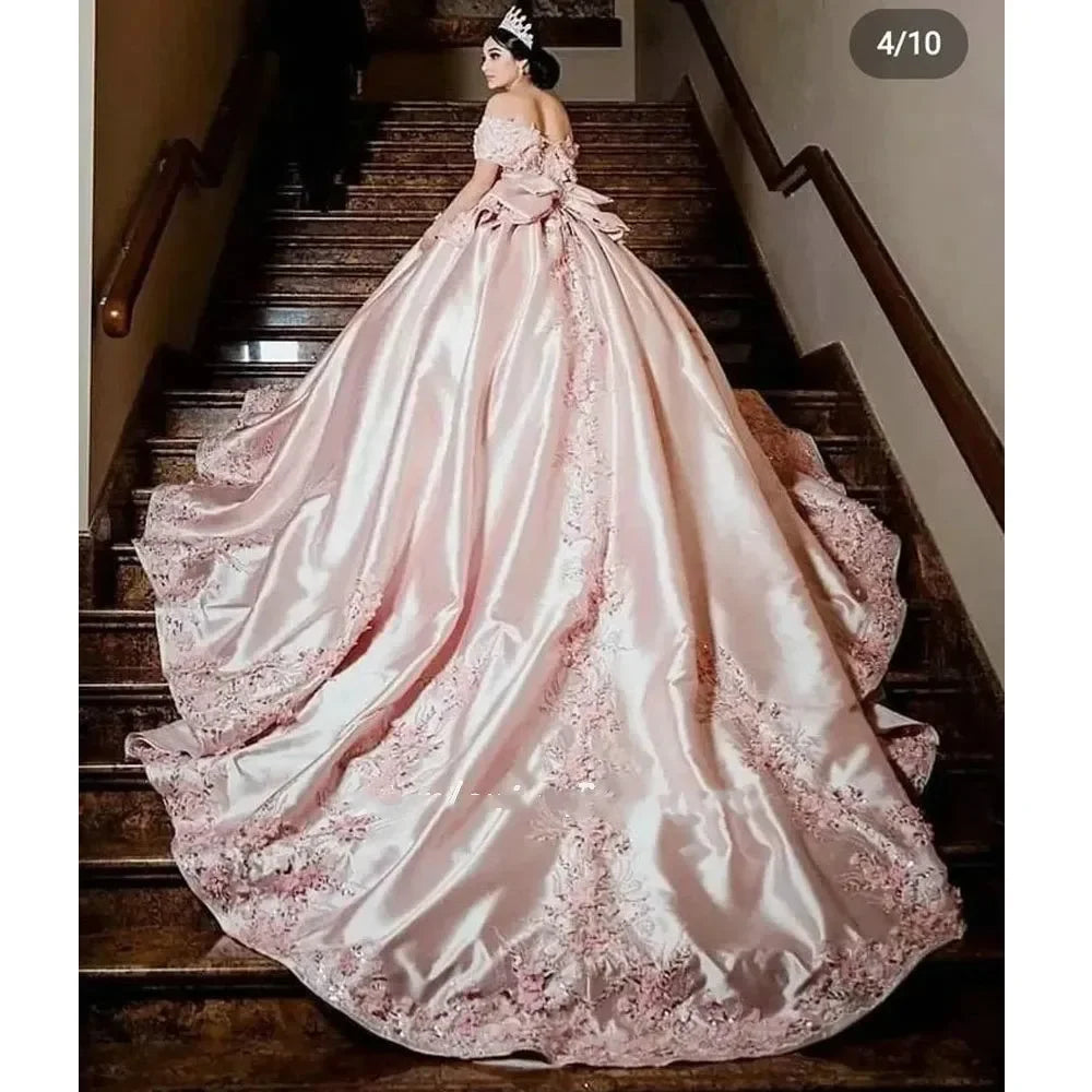 Pink Princess Bow Back Corset Quinceanera Dress Ball Gown 3D Flowers Appliques Ruffles Sweet 16 Vestidos Quinceanera Dress MQ635