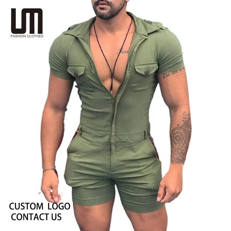 Liu Ming Wholesale Fashion Summer Men Clothing Solid Color Short Sleeve Overalls Cargo Y2K Jumpsuits Romper Shorts