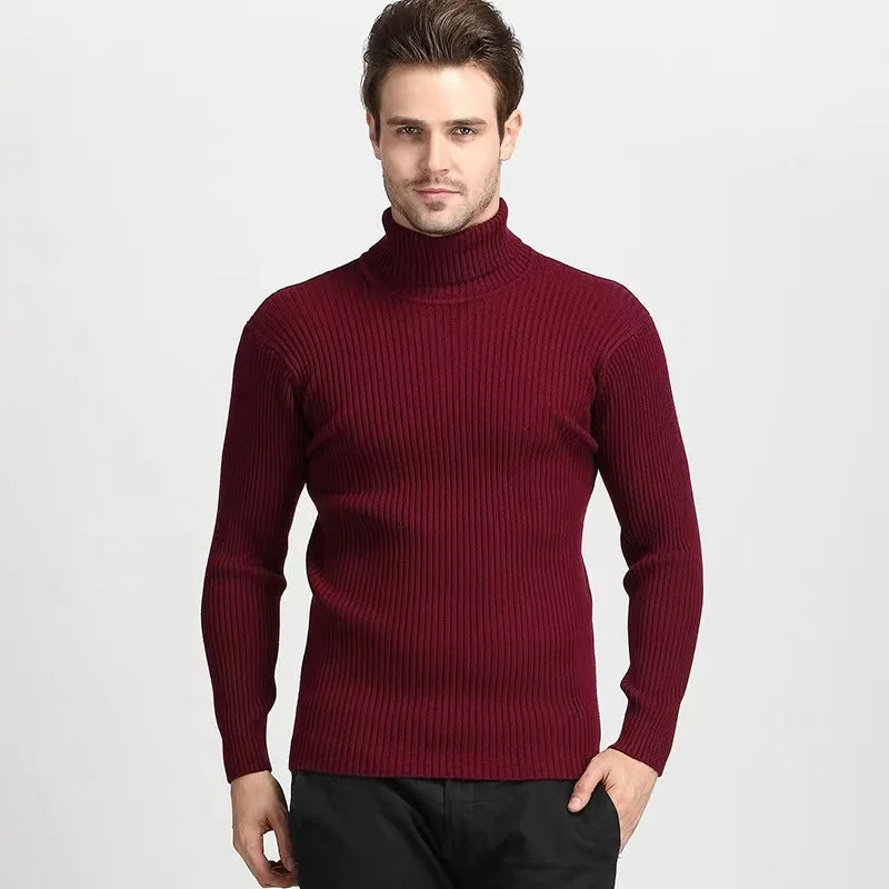 Custom Men's Turtleneck Thick Warm Knitted Long Sleeve Pullover Winter Fashion Rib Knitting Sweater Red Logo Decoration Casual