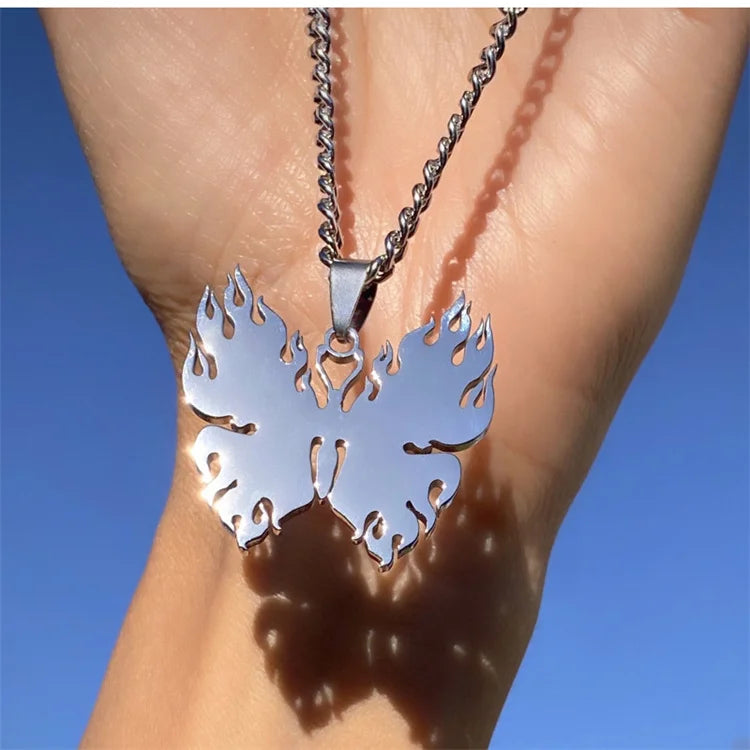 Wholesale Trendy Flame Burning Butterfly Stainless Steel Pendant Necklace with Box Chain for Men's/Women's Party & Gift