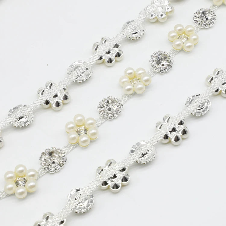 Garment Decorative Pearl Beaded Flower Trimming Pearl Rhinestone Embellishment Cup Chain Wedding Dress Pearl Trim