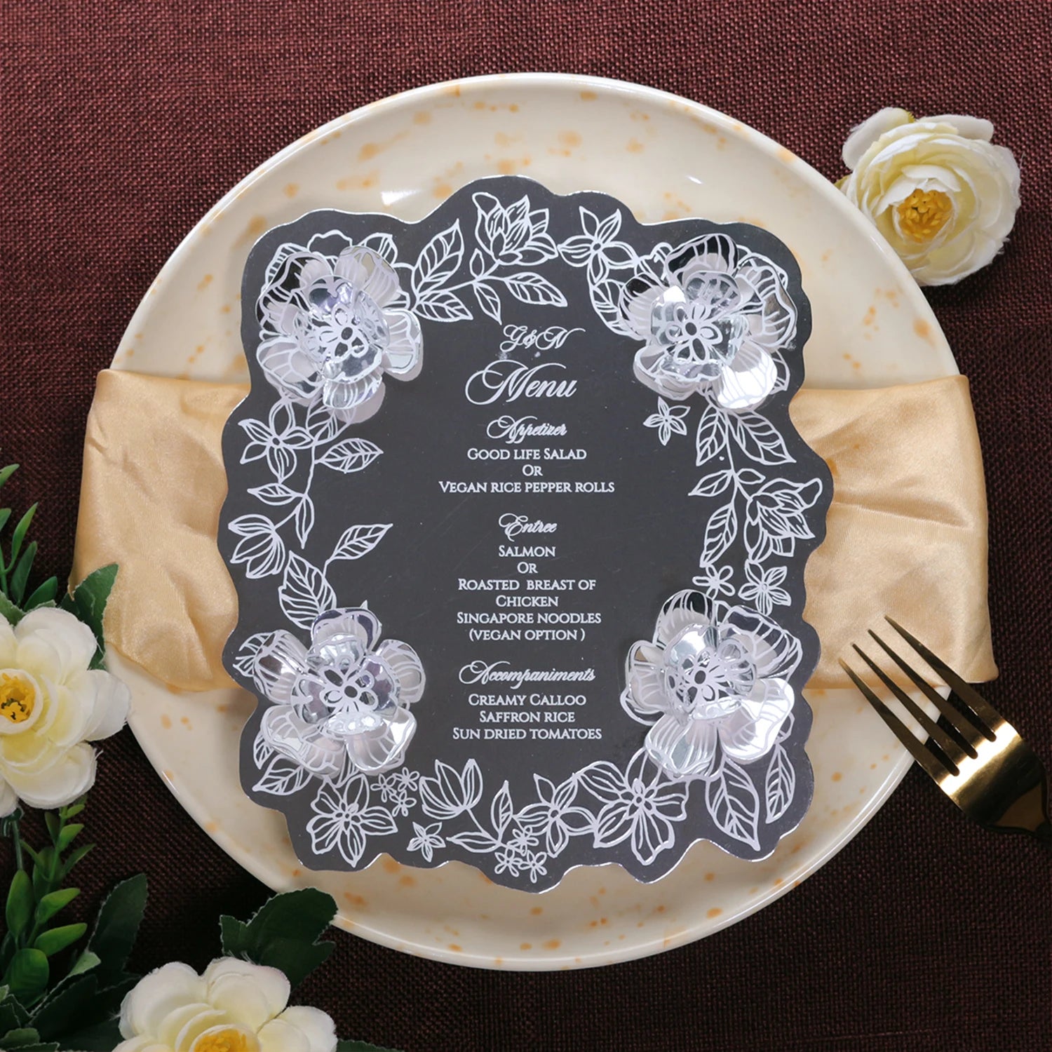 New Special Design Silver Shiny Card Paper Menu Card with Foil Text and Flower for Wedding Event Invitation