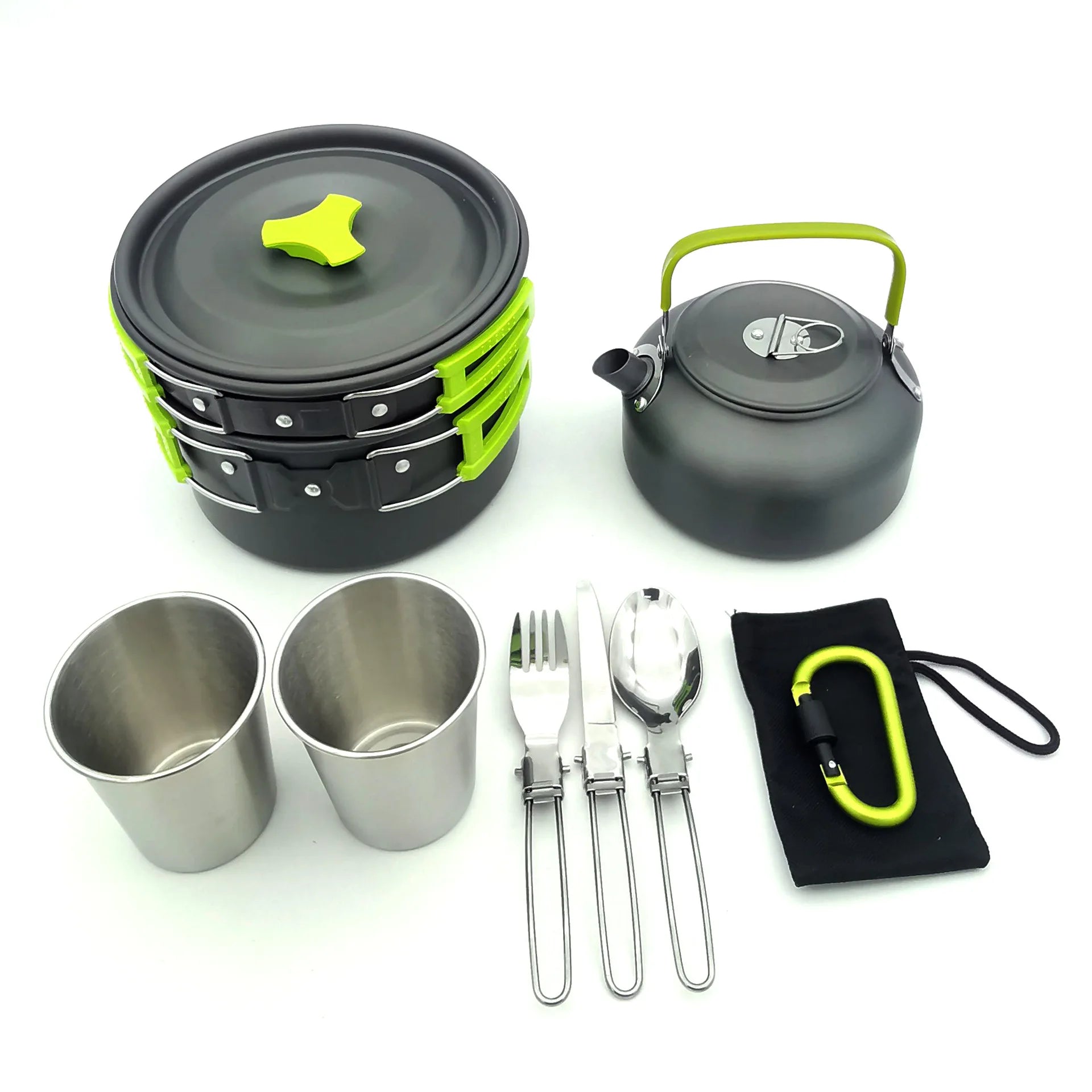 Lightweight Non-Stick Stainless Steel Cookware Mess Kit for Camping Including Pot Pan Kettle Cups Plates Forks Knives Spoons