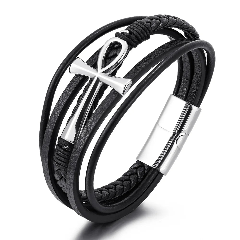 Hand Woven Cross Leather Bracelet Egyptian Ankh Cross Life Symbol Stainless Steel Magnetic Clasp Multilayer Leather Bracelet