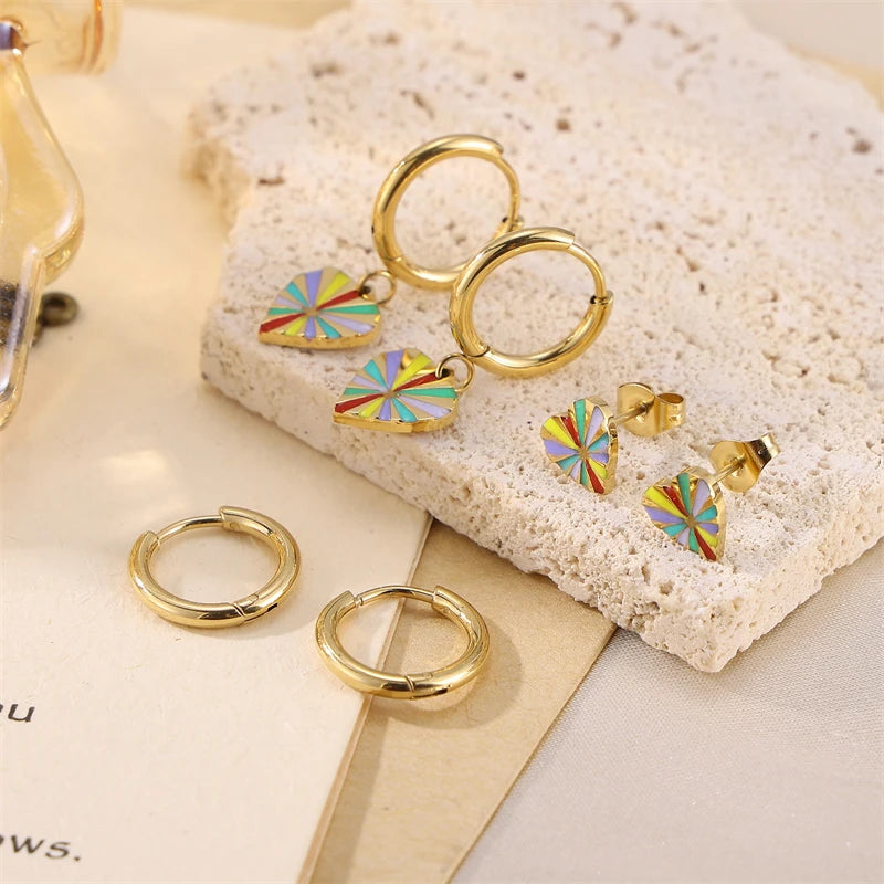 Real Gold Plated Tarnish Free Earrings Set Rainbow Color Love Heart Drop Earrings Ear Studs Mini Huggie Hoop Earrings for Women