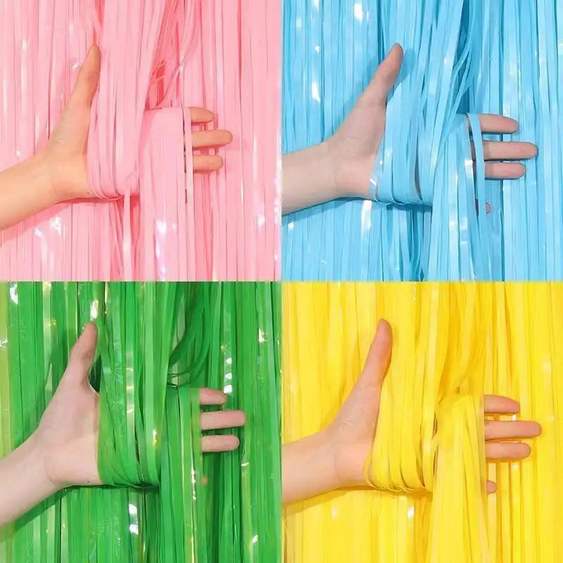 Macaron Rainbow Foil Fringe Curtain Backdrop Colorful Metallic Tinsel Curtains Plastic Streamers Door Curtain for Photo Booth