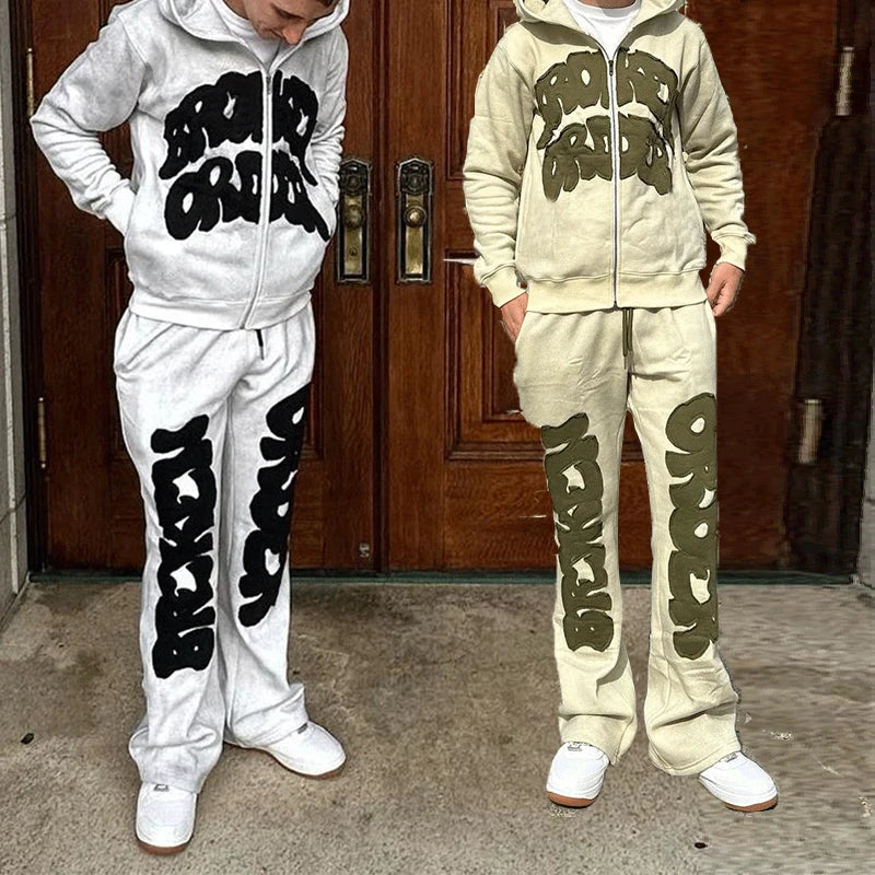 Custom Vintage Sweatsuit Embroidery Patch Track Suit 100% Cotton Jogging Acid Wash Applique Flared Sweat Pant and Hoodie Set