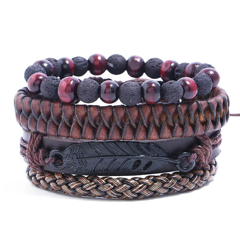 Hot Selling Boho Style Vintage Leather Bracelet for Men Black Metal Feather Charm on Fashion Cuff Jewelry