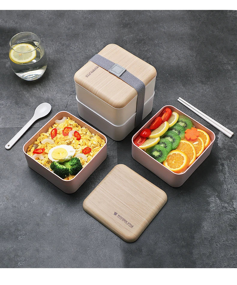 Wooden Square Japanese with Band Bento Lunch Box 2 in 1 Leakproof Stackable Lunch Box With Cutlery