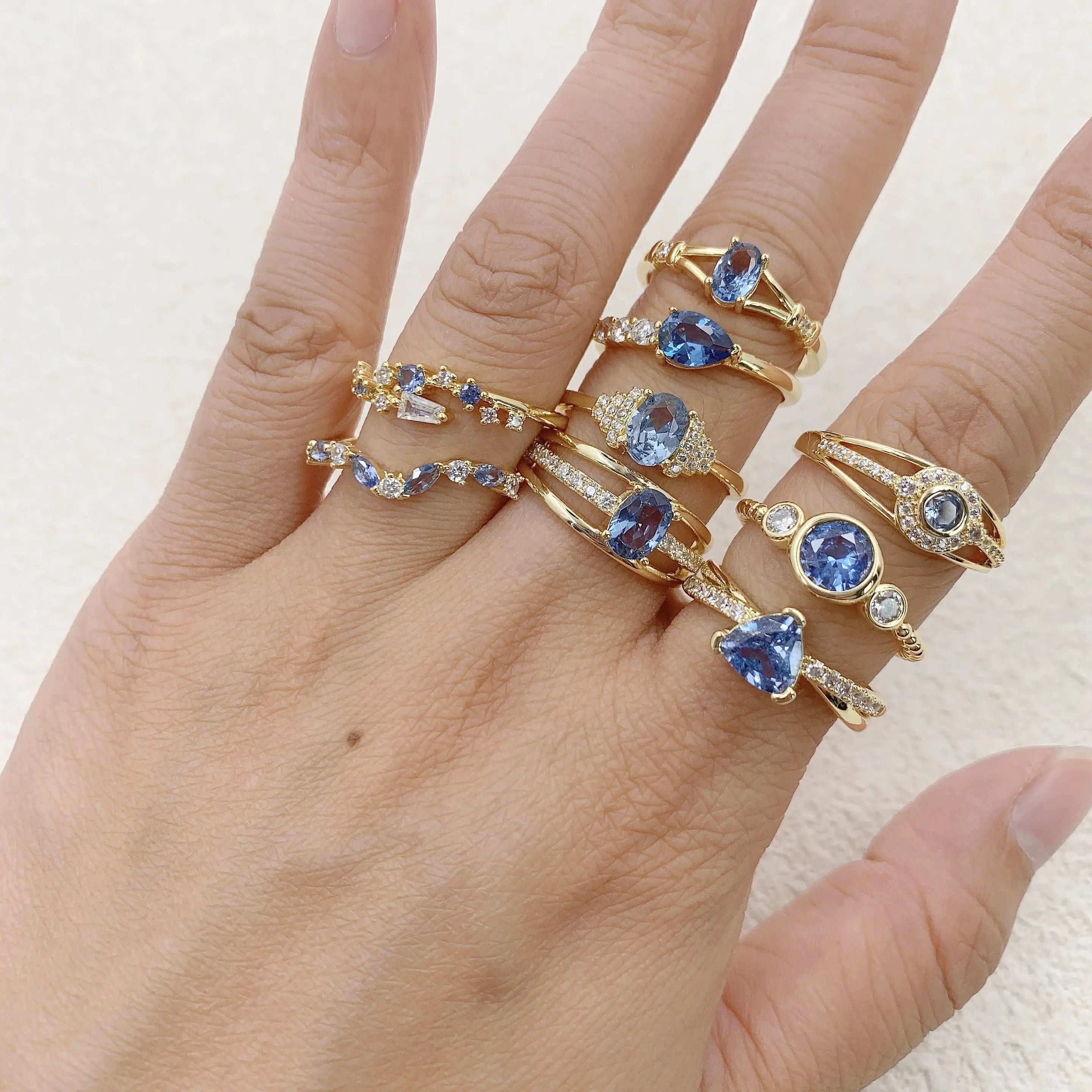 Daidan Fine Womens Eternity 14K Gold Plated S925 Sterling Silver Stacked Blue Zircon Custom Ring
