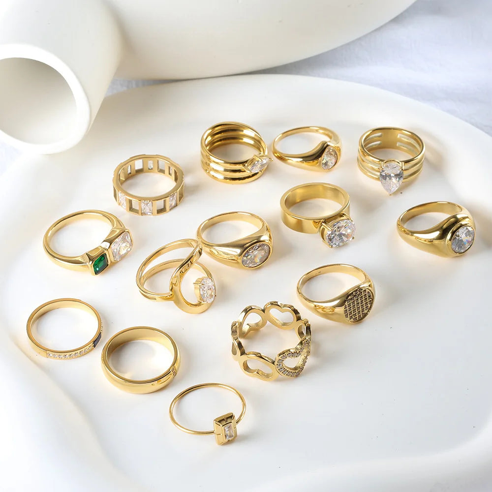 Daily Wear Anti Tarnish Waterproof Jewelry Stainless Steel 18K Gold Pvd Plated Irregular Line Big Zircon Diamond Rings for Women