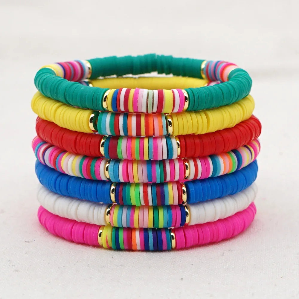Bohemia Solid Color  Elastic Rope 6mm Polymer Clay Round Slices Heishi Beads Bracelet