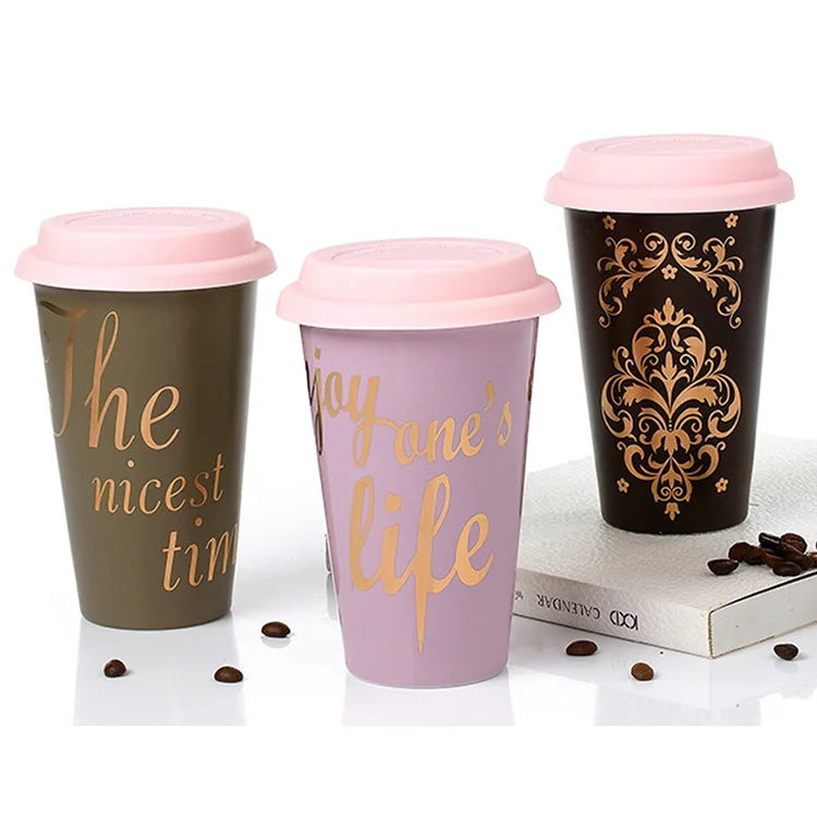 Wholesale Custom ECO-friendly 15 oz Gold logo Ceramic Travel Coffee Mug with Silicone Lid