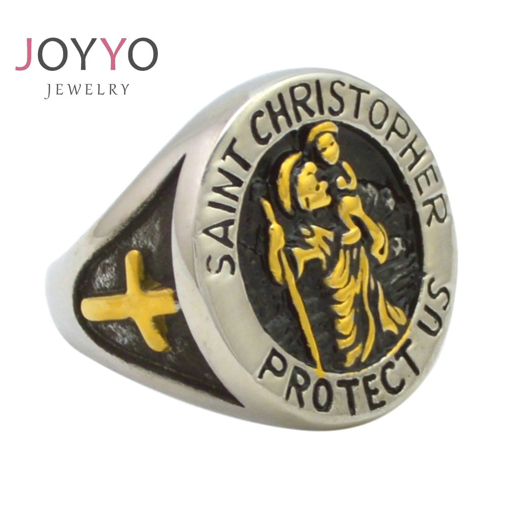 Solid Gold Saint Christopher Protect Us Round Madels 316L Stainless Steel Ring Cross Religious Jewelry for Men
