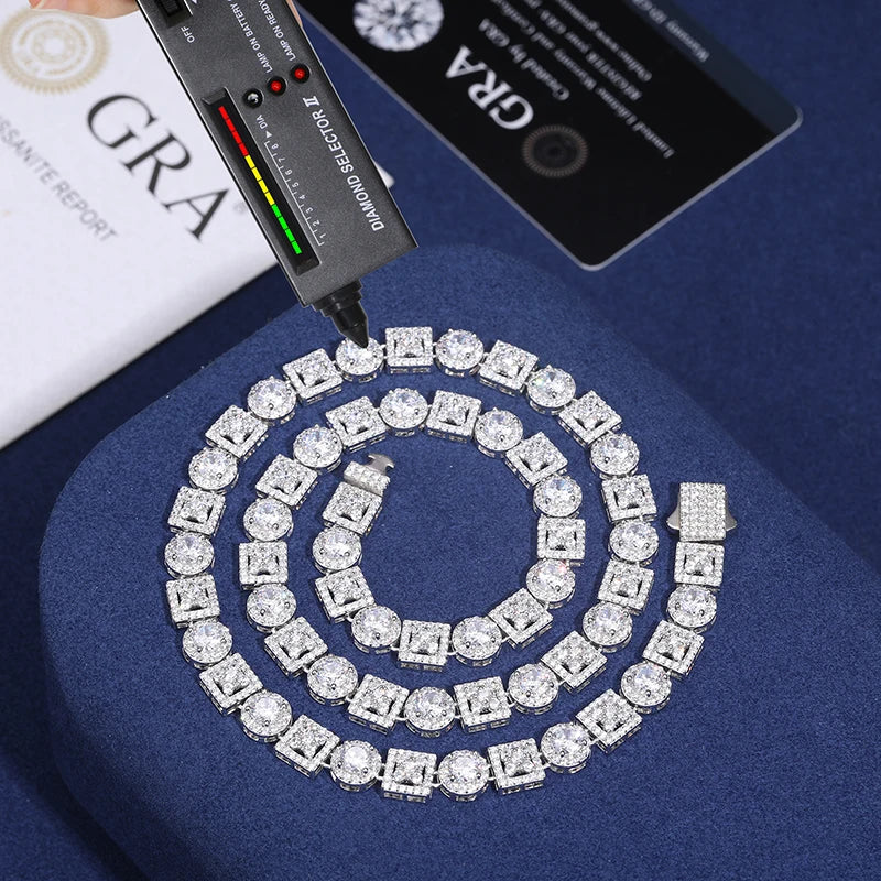 Luxurious Fine Party Mens Jewelry 925 Sterling Silver Hip Hop Moissanite Square Round Mix Geometric Necklace