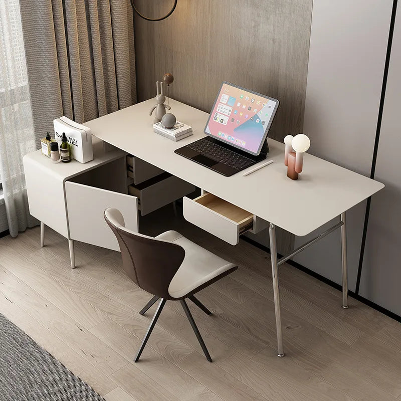 Solid Wood Home Student Study Table with Integrated Chair Rental Bookcase and Computer Desktop Desk with Side Cabinet