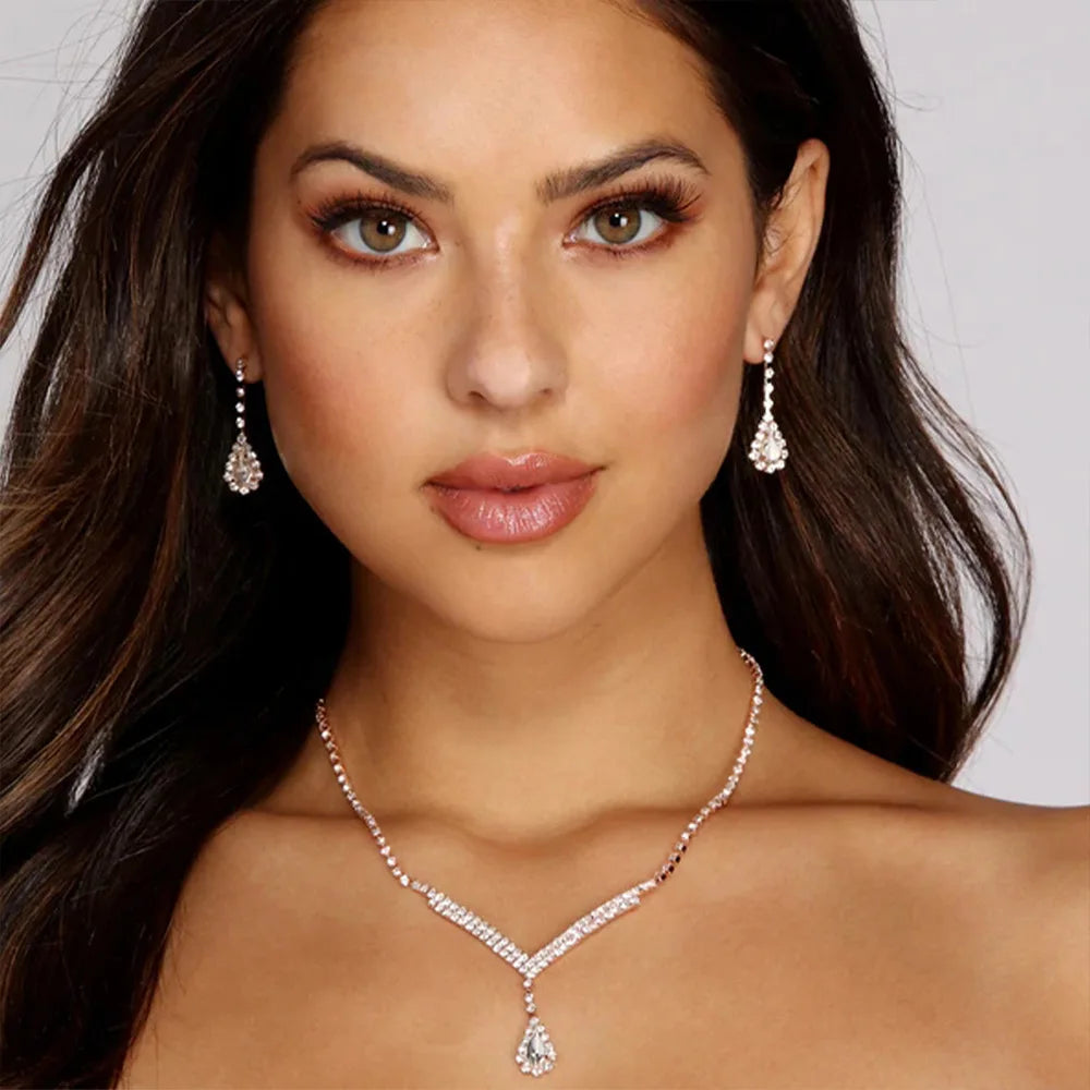 American Pendant Diamond Necklace Water Drop Earrings Rhinestone Bridal Wedding Jewelry Set Women's Necklace