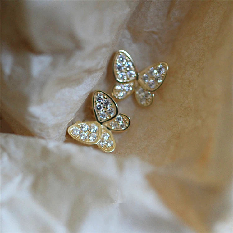 2025 Fine Jewelry Sterling Silver Shiny White Zircon Butterfly Stud Earrings