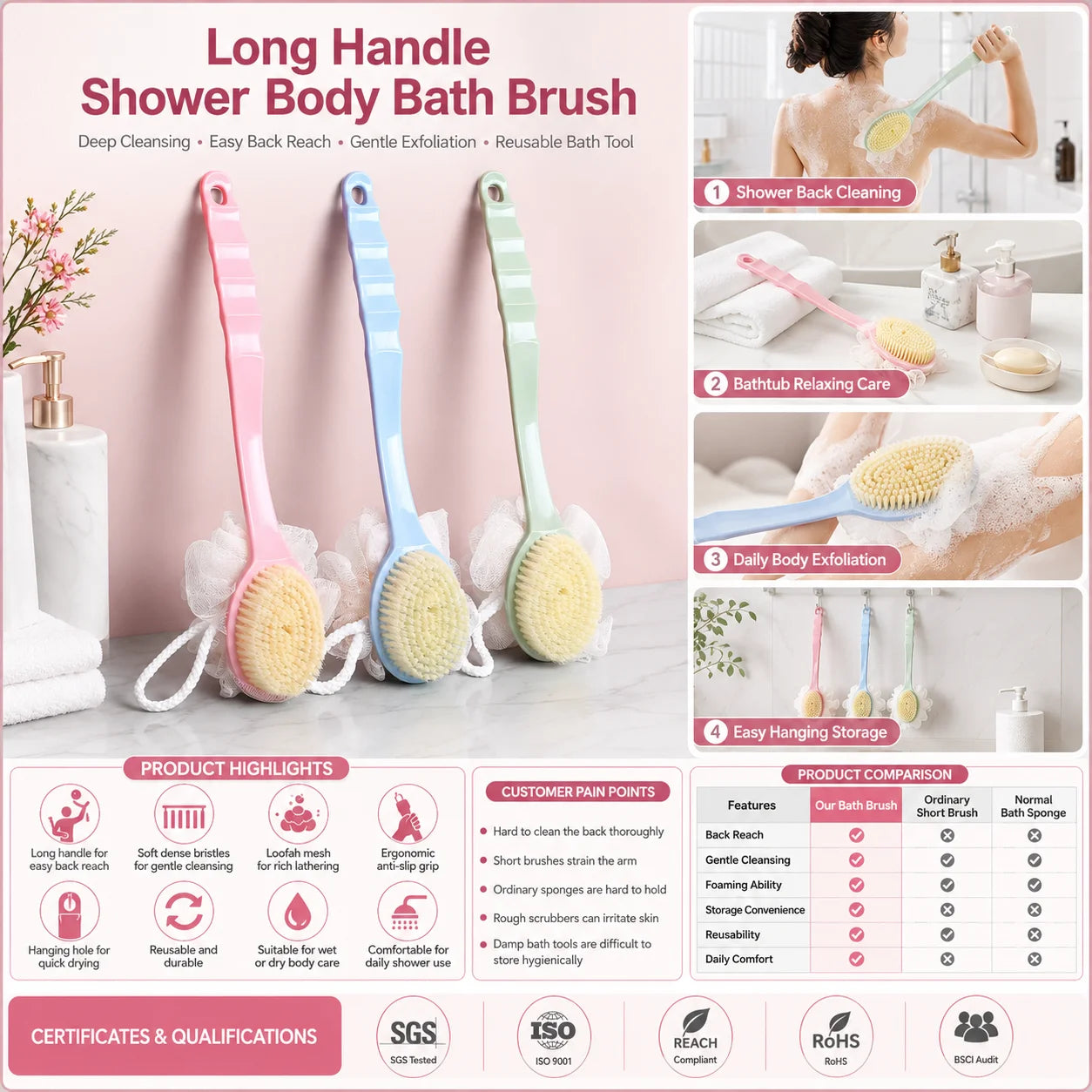 Customized Logo Long Handle Bath Brush OEM ODM Body Cleaning Back Scrubber for Shower Use Wholesale