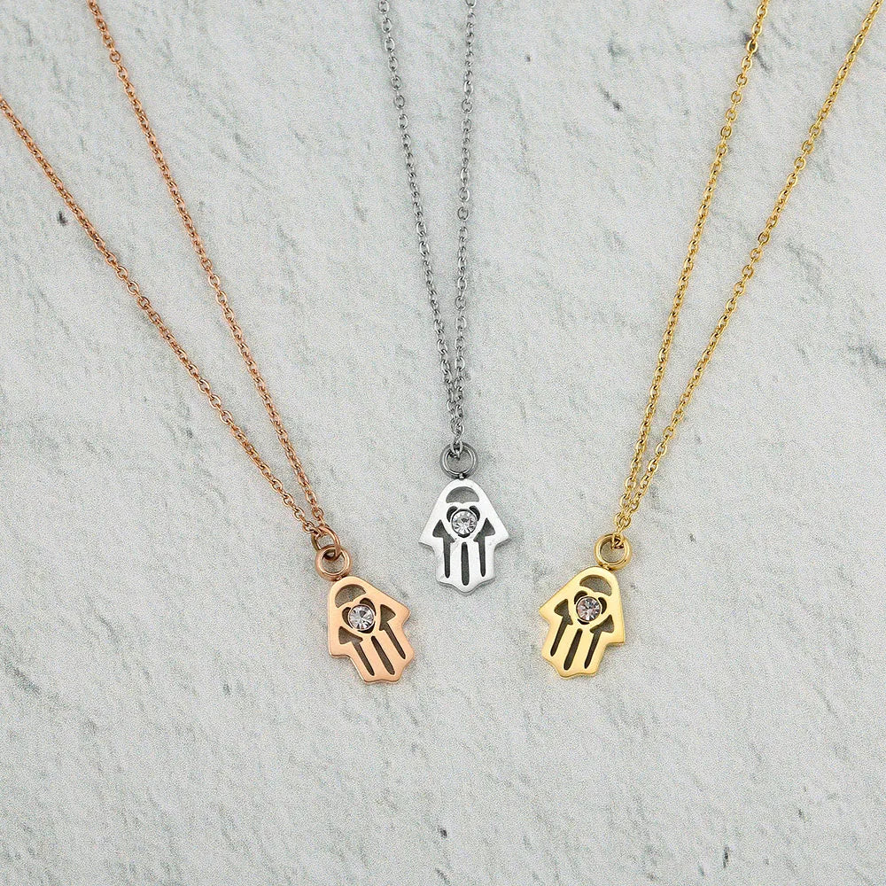 Classic Style Stainless Steel Fatima Hand Hasma Pendant Necklace Zircon Good Luck Eye Amulet for Women/Men Linked Chain Gift