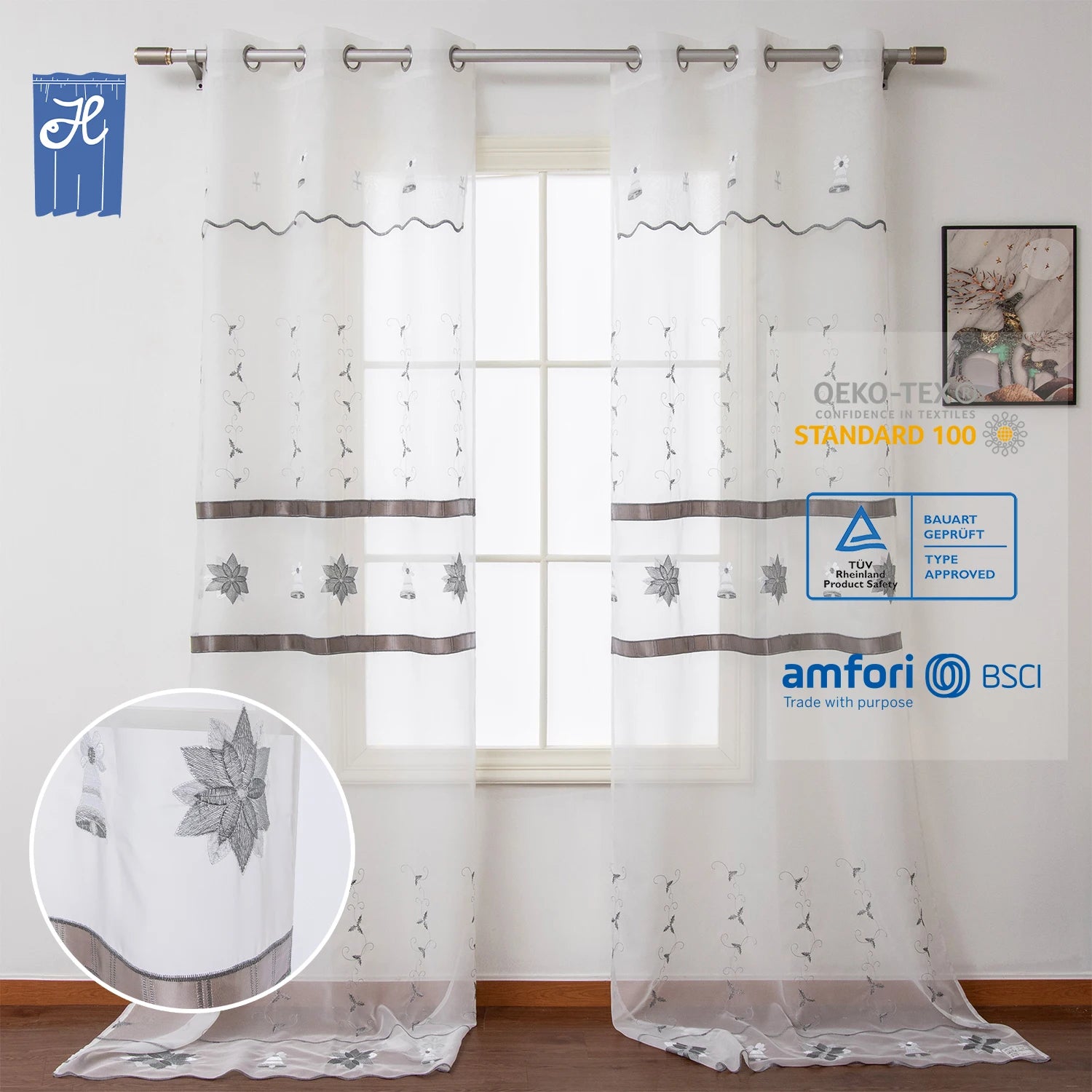 Wholesale Embroidered Sheer Tulle Drapes with Lace Edge Valance Design Christmas Xmas Window Decor Curtains & Valances