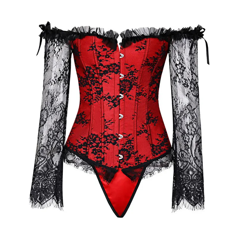 Waist Slimming 12 Boned Waist Shaper for Women Off Shoulder Vintage Long Sleeve Corset Top