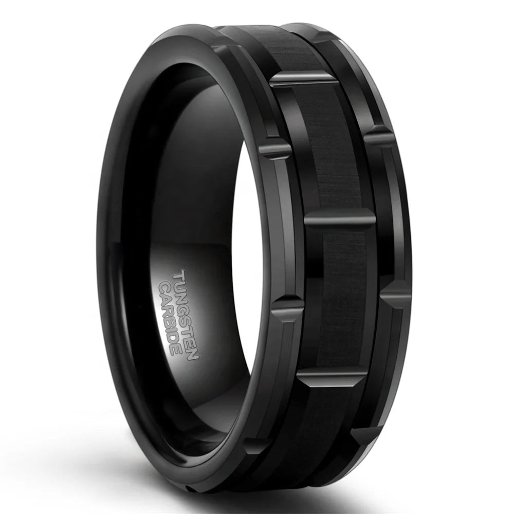 OAHLAN Best Selling 8mm Tungsten Carbide Rings for Men Black Brick Pattern Grooved Brushed Wedding Band Tungsten Ring
