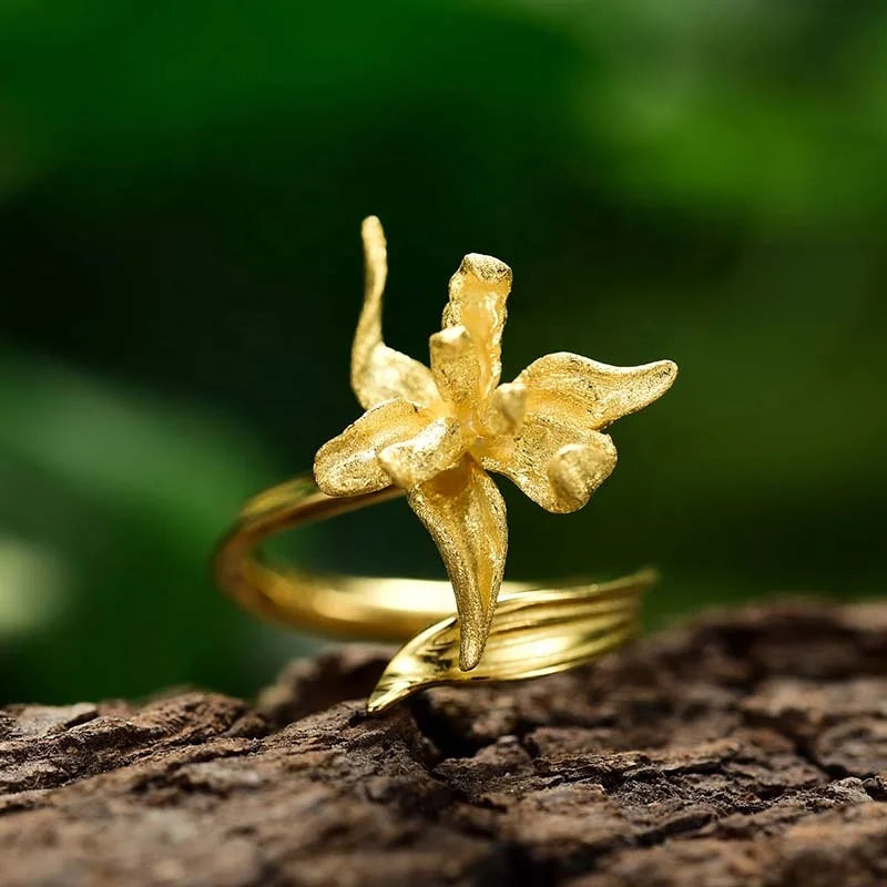 Lotus Fun 925 Sterling Silver 18k Gold Ring Wholesale Prices Artifical Flower Rings Handmade Flower Rings Fine Jewelry for Women