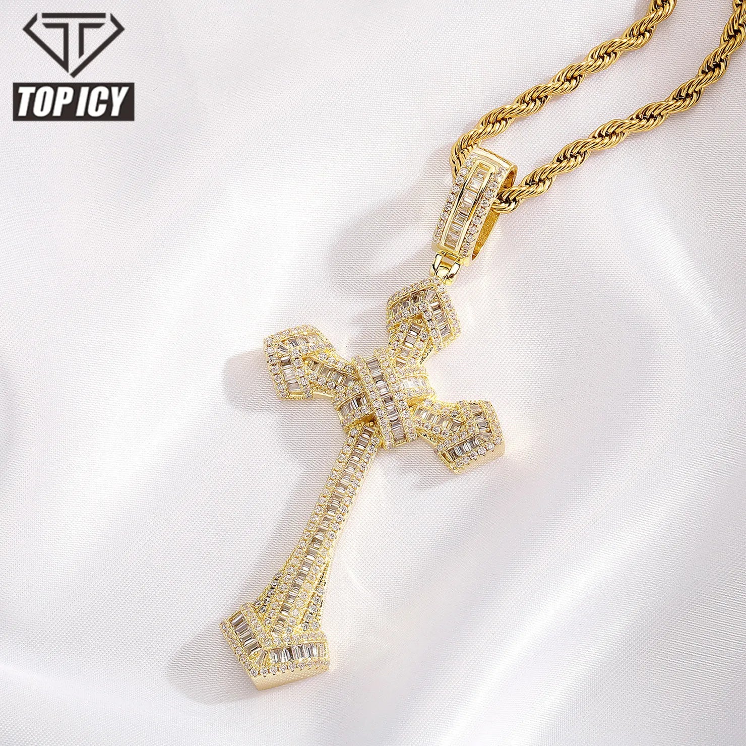 Top Icy Hip Hop Baguette Cross Square CZ Gold Plated Pendant Big Size Iced Out Retro Style Cross Necklace for Men
