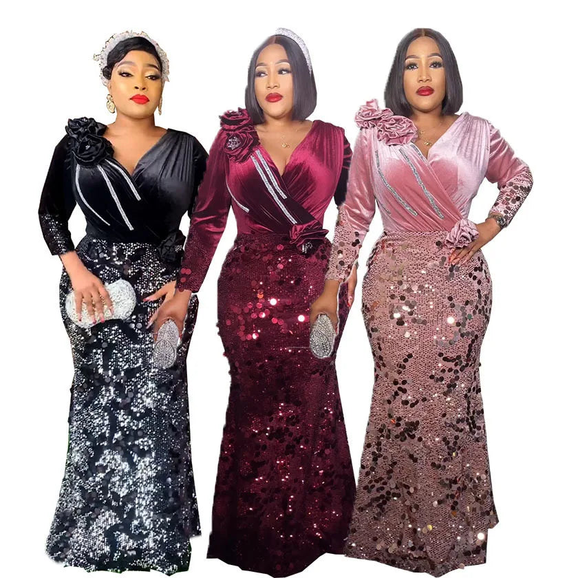 African Women's Fashionable Three-Dimensional Flower V-neck Slim Fitting Sequin Evening Dress