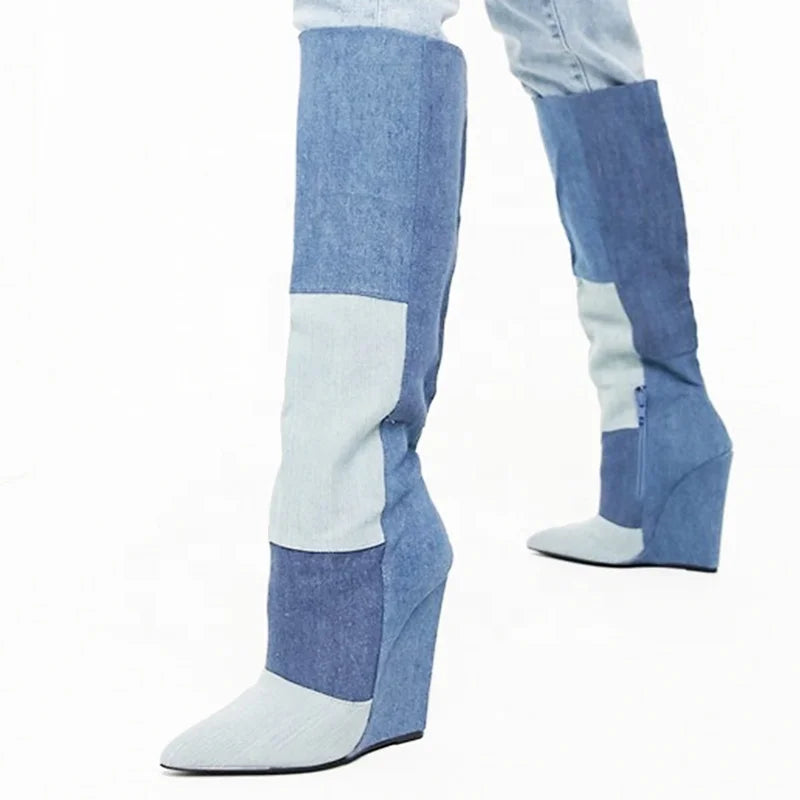 Design Plus Size High Heel Ladies Fashion Shoes Women Long Denim Jean Boots Knee High 2022 MegaBDM