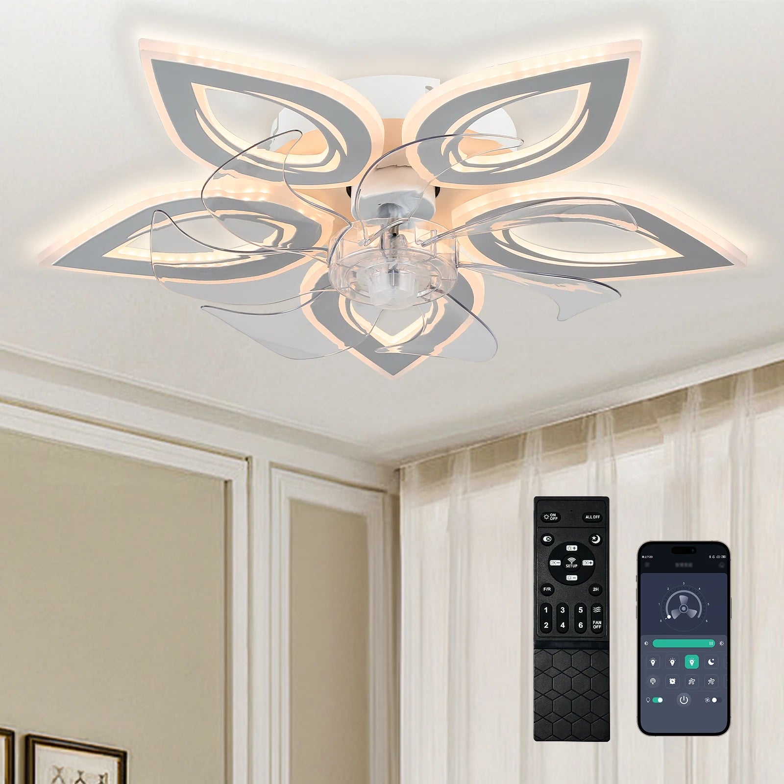 Modern 12'' LED Factory Lighting Ceiling Fan with Remote Control Invisible Design for Indoor Home Decor