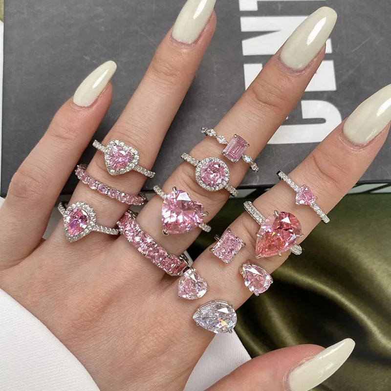 SC Women Pink Crystal Rhinestone Wedding Ring 925 Sterling Silver Cubic Zirconia Heart Waterdrop Rings