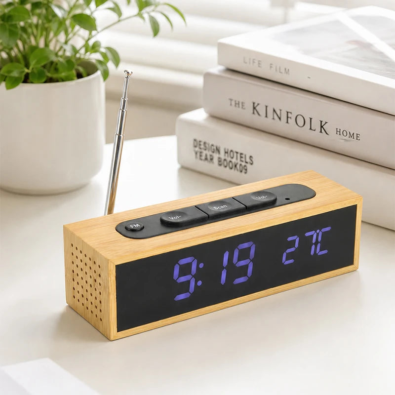 EMAF Home Decor Antique Retro Desk Table Digital Electronic Wooden Bamboo LED Portable FM Radio Alarm Clock with Temperature