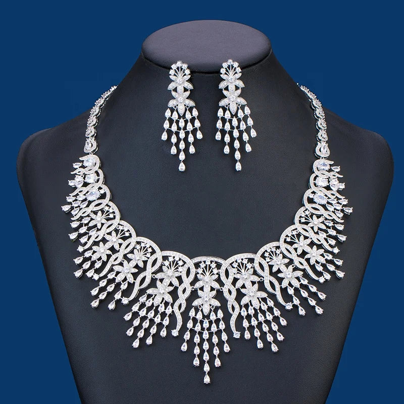 Classic 3A Zircon Diamond Platinum-Plated Copper Necklace Earrings Set for Women's Party Engagement Wedding Bridal Jewelry