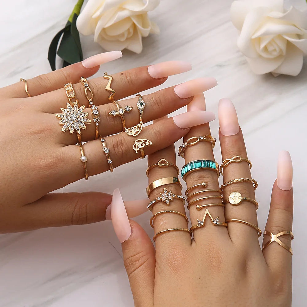 24pcs/Set Bohemia Sunflower Butterfly Diamond Ring for Women 8 Joint Midi Ring Set Fashion Knuckle Jewelry Emerald Knuckle Ring
