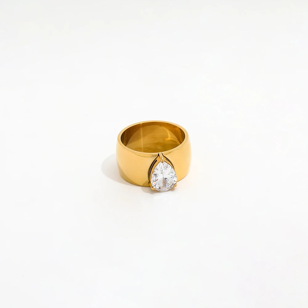 High End 18K Gold Plated Statement Band Tear Drop Zirconia Rings Stainless Steel Trendy Simple Gold Plated Jewelry