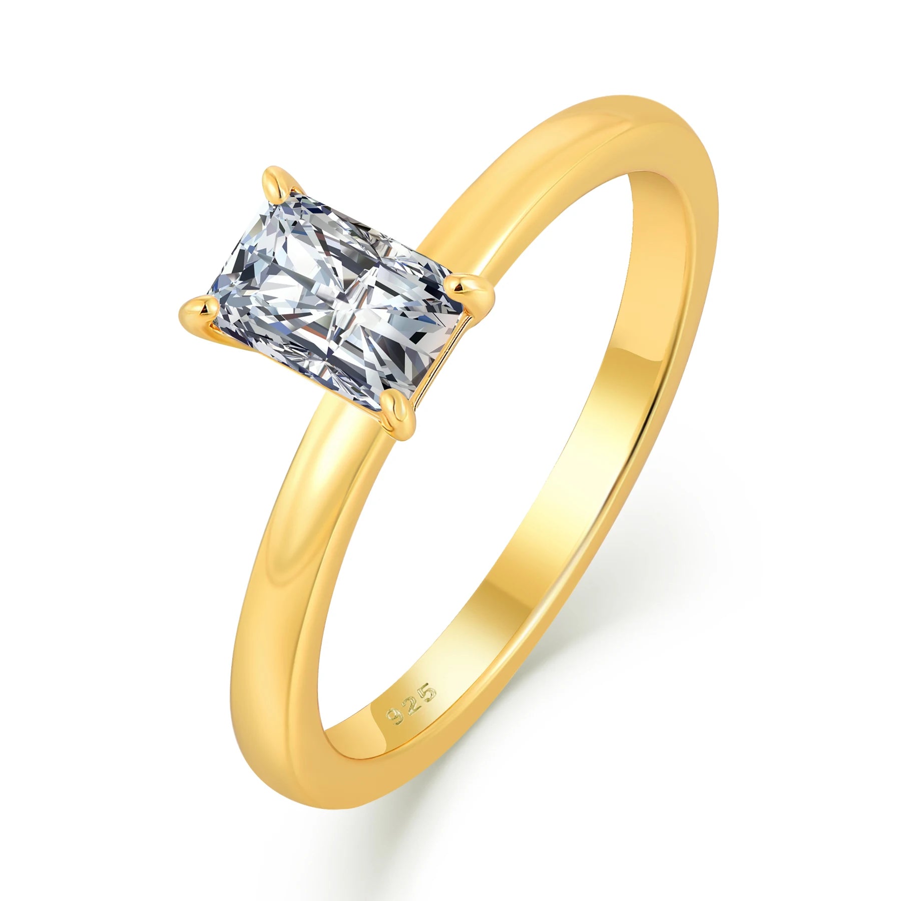 18K Gold Plated Classic Solitaire Engagement Ring 925 Sterling Silver Ring with Emerald Cut Cubic Zirconia