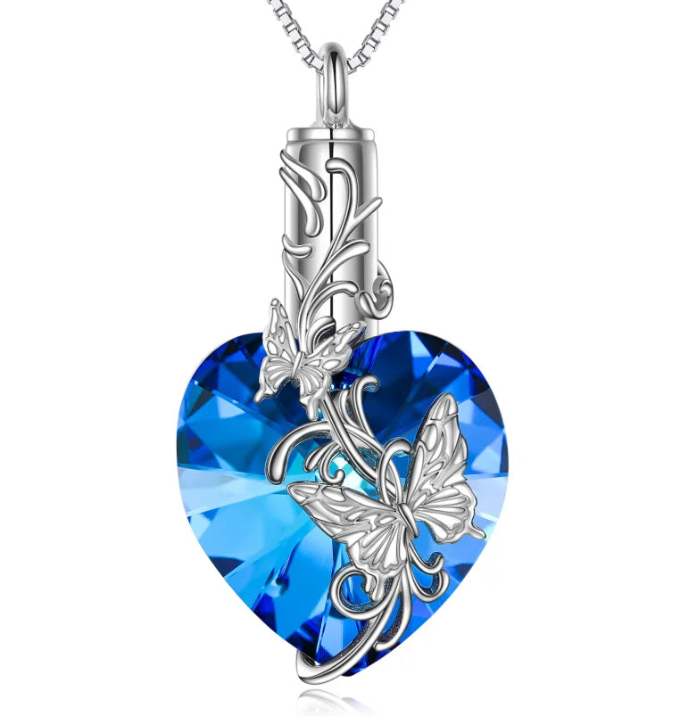 New Design Ashes Jewelry 925 Sterling Silver Keepsake Cremation Heart Crystal Butterfly Urn Necklace